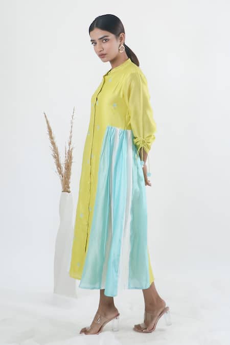 Mangalmay By Aastha_Multi Color Chanderi Silk Embroidery Mandarin Collar Kulfi Side Gathered Dress _Online_at_Aza_Fashions