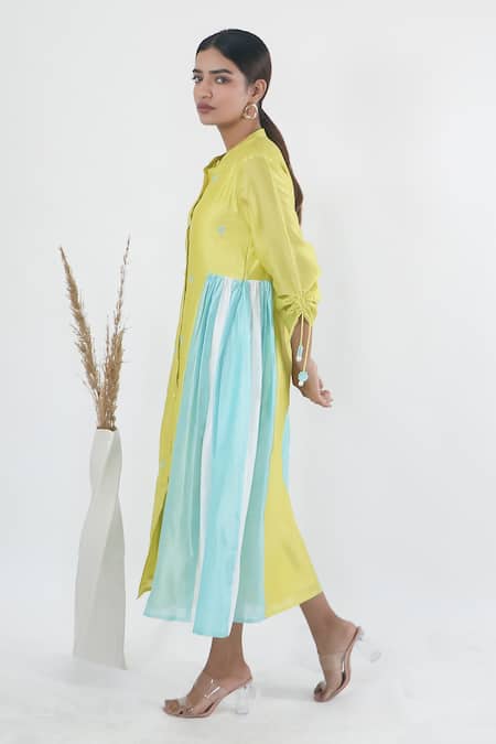 Buy_Mangalmay By Aastha_Multi Color Chanderi Silk Embroidery Mandarin Collar Kulfi Side Gathered Dress _Online_at_Aza_Fashions