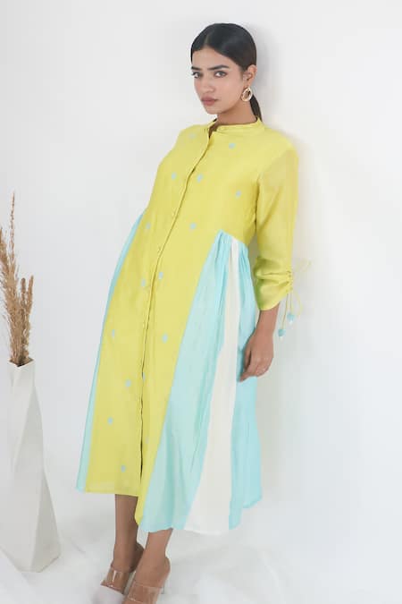 Shop_Mangalmay By Aastha_Multi Color Chanderi Silk Embroidery Mandarin Collar Kulfi Side Gathered Dress _Online_at_Aza_Fashions