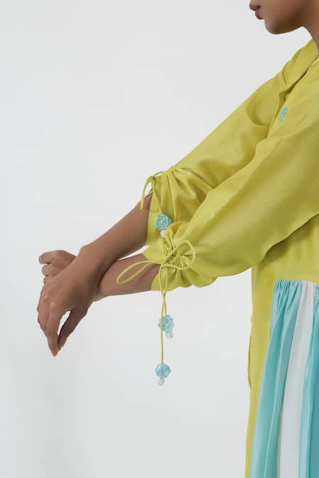 Mangalmay By Aastha_Multi Color Chanderi Silk Embroidery Mandarin Collar Kulfi Side Gathered Dress _at_Aza_Fashions