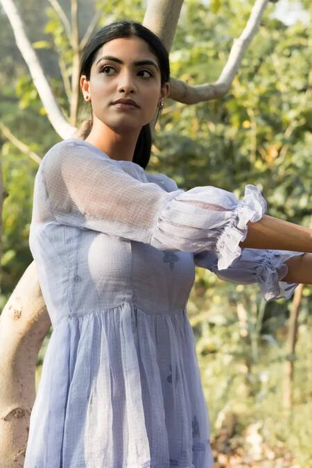 Buy Mangalmay By Aastha Blue Kota Doria Round Neck A-line Dress With Inner Online at Aza Fashions Buy_Mangalmay By Aastha_Blue Kota Doria Round Neck A-line Dress With Inner _Online_at_Aza_Fashions