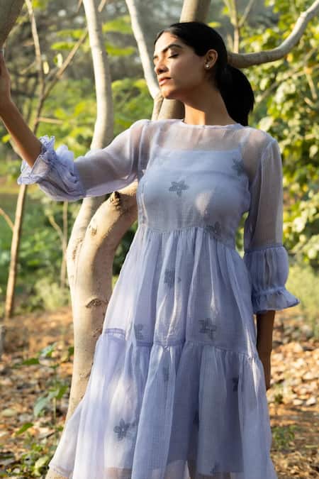 Shop Mangalmay By Aastha Blue Kota Doria Round Neck A-line Dress With Inner Online at Aza Fashions Shop_Mangalmay By Aastha_Blue Kota Doria Round Neck A-line Dress With Inner _Online_at_Aza_Fashions