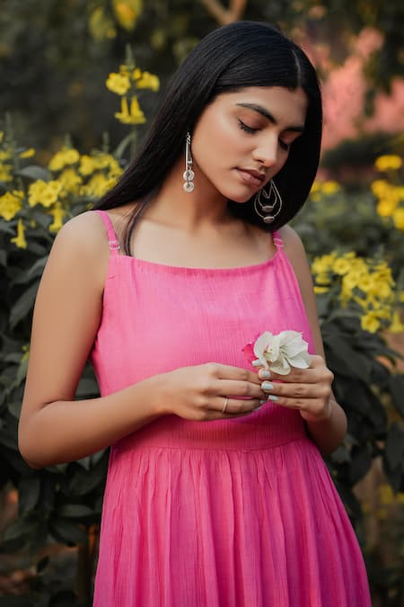 Mangalmay By Aastha_Pink Cotton Square Neck Sleeveless Gathered Dress _Online_at_Aza_Fashions