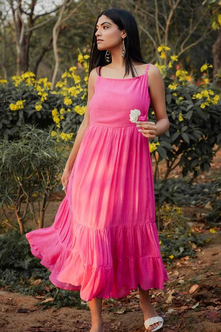 Buy_Mangalmay By Aastha_Pink Cotton Square Neck Sleeveless Gathered Dress _Online_at_Aza_Fashions