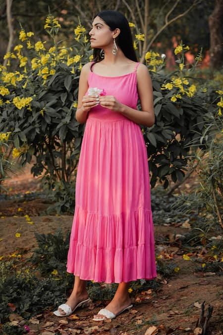 Shop_Mangalmay By Aastha_Pink Cotton Square Neck Sleeveless Gathered Dress _Online_at_Aza_Fashions