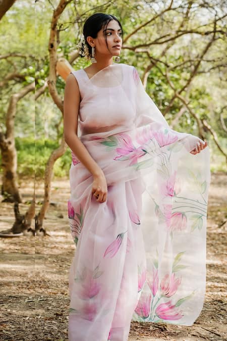 Mangalmay By Aastha Floral Bloom Hand Painted Saree With Unstitched Blouse Piece 