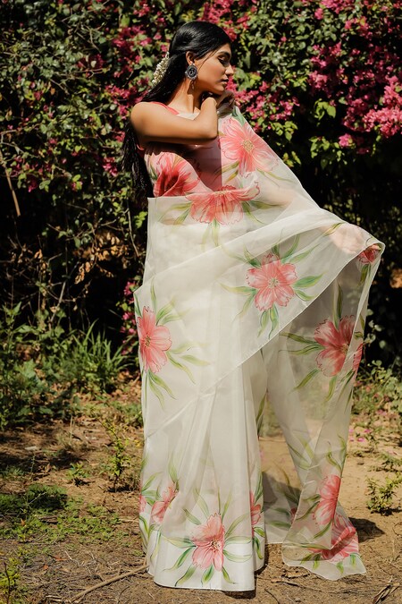 Aqua Blue Organza Hand-Printed Silk Saree