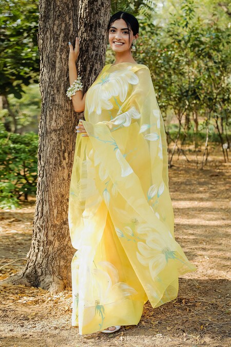 Saffron Yellow Floral Printed Satin Crepe Saree - Clothsvill