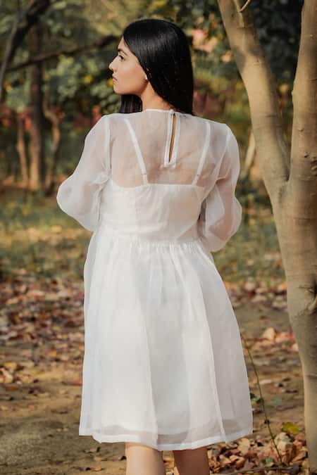 Buy White Slip Shantoon Plain Round Neck Puff Sleeve Fit And Flare Dress  For Women by Mangalmay by Aastha Online at Aza Fashions.