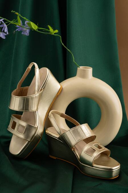 The Frou Frou Studio_Gold Plain Bria Cut-out Strap Wedges_Online_at_Aza_Fashions