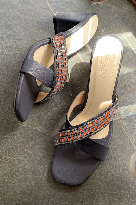 The Frou Frou Studio_Blue Embroidered Alzena Cross Strap Heels_Online_at_Aza_Fashions