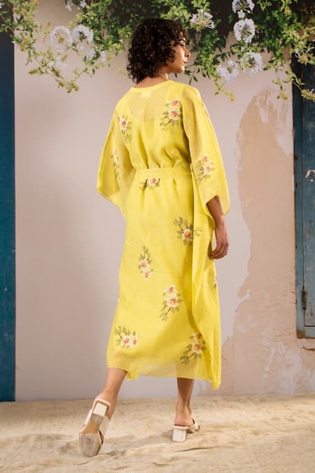 Shop Arcvsh By Pallavi Singh Yellow Cotton Embroidery V-neck Dahlia Print Kaftan With Belt at Aza Fashions Shop_Arcvsh By Pallavi Singh_Yellow Cotton Embroidery V-neck Dahlia Print Kaftan With Belt _at_Aza_Fashions