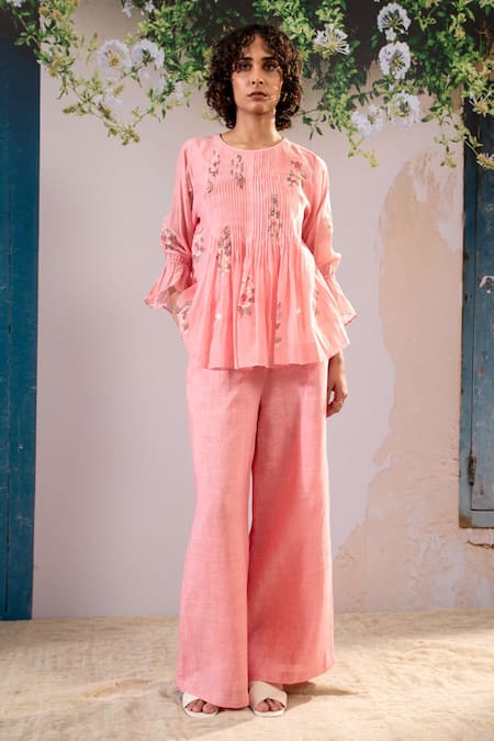 Arcvsh By Pallavi Singh Pink Linen Embroidery Round Neck Chanderi Dahlia Print Top With Pant 