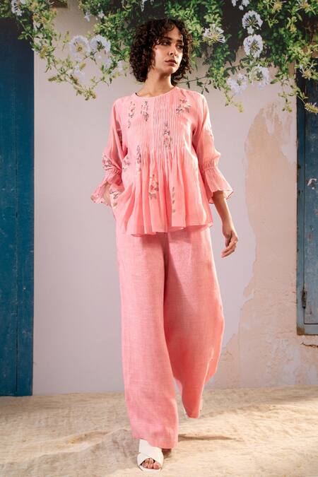 Arcvsh By Pallavi Singh Pink Linen Embroidery Round Neck Chanderi Dahlia Print Top With Pant Online at Aza Fashions Arcvsh By Pallavi Singh_Pink Linen Embroidery Round Neck Chanderi Dahlia Print Top With Pant _Online_at_Aza_Fashions