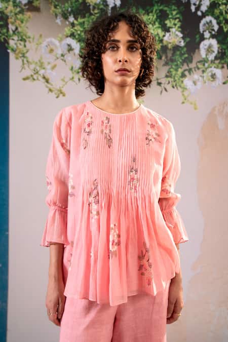 Buy Arcvsh By Pallavi Singh Pink Linen Embroidery Round Neck Chanderi Dahlia Print Top With Pant Online at Aza Fashions Buy_Arcvsh By Pallavi Singh_Pink Linen Embroidery Round Neck Chanderi Dahlia Print Top With Pant _Online_at_Aza_Fashions