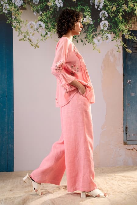 Shop Arcvsh By Pallavi Singh Pink Linen Embroidery Round Neck Chanderi Dahlia Print Top With Pant Online at Aza Fashions Shop_Arcvsh By Pallavi Singh_Pink Linen Embroidery Round Neck Chanderi Dahlia Print Top With Pant _Online_at_Aza_Fashions