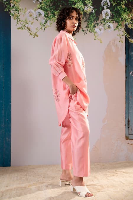 Arcvsh By Pallavi Singh Pink Cotton, Silk, Chanderi Embroidery Shawl Neck Dahlia Print Shirt With Pant Online at Aza Fashions Arcvsh By Pallavi Singh_Pink Cotton, Silk, Chanderi Embroidery Shawl Neck Dahlia Print Shirt With Pant _Online_at_Aza_Fashions