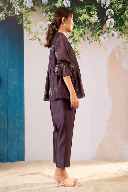 Arcvsh By Pallavi Singh_Purple Cotton, Silk, Chanderi Asymmetric Dahlia Print Top With Pant _Online_at_Aza_Fashions