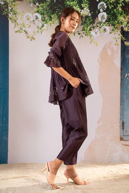 Buy_Arcvsh By Pallavi Singh_Purple Cotton, Silk, Chanderi Asymmetric Dahlia Print Top With Pant _Online_at_Aza_Fashions