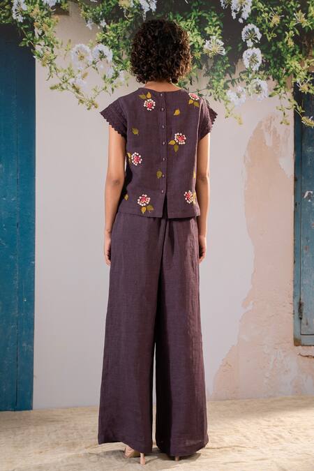 Shop Arcvsh By Pallavi Singh Purple Linen Embroidery Round Neck Floral Top And Pant Set at Aza Fashions Shop_Arcvsh By Pallavi Singh_Purple Linen Embroidery Round Neck Floral Top And Pant Set _at_Aza_Fashions