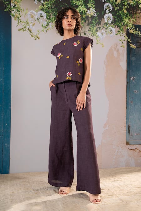 Arcvsh By Pallavi Singh Purple Linen Embroidery Round Neck Floral Top And Pant Set Online at Aza Fashions Arcvsh By Pallavi Singh_Purple Linen Embroidery Round Neck Floral Top And Pant Set _Online_at_Aza_Fashions