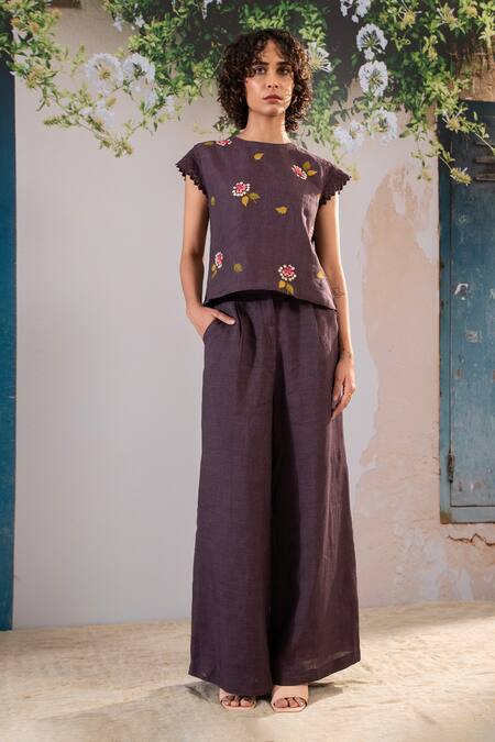 Buy Arcvsh By Pallavi Singh Purple Linen Embroidery Round Neck Floral Top And Pant Set Online at Aza Fashions Buy_Arcvsh By Pallavi Singh_Purple Linen Embroidery Round Neck Floral Top And Pant Set _Online_at_Aza_Fashions