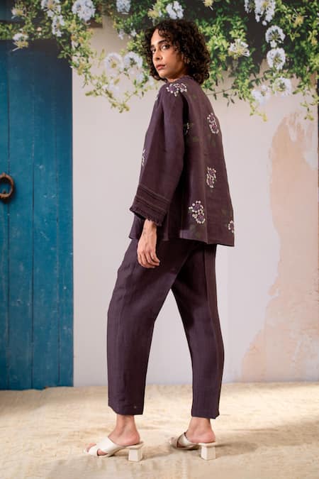 Shop Arcvsh By Pallavi Singh Purple Linen Embroidery Round Neck Dahlia Print Shirt With Pant at Aza Fashions Shop_Arcvsh By Pallavi Singh_Purple Linen Embroidery Round Neck Dahlia Print Shirt With Pant _at_Aza_Fashions