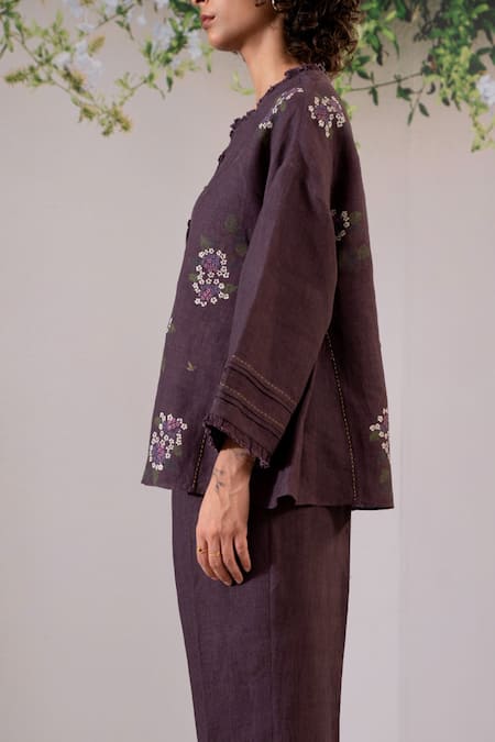 Arcvsh By Pallavi Singh Purple Linen Embroidery Round Neck Dahlia Print Shirt With Pant Online at Aza Fashions Arcvsh By Pallavi Singh_Purple Linen Embroidery Round Neck Dahlia Print Shirt With Pant _Online_at_Aza_Fashions