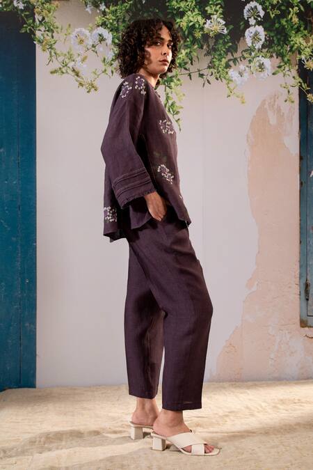 Buy Arcvsh By Pallavi Singh Purple Linen Embroidery Round Neck Dahlia Print Shirt With Pant Online at Aza Fashions Buy_Arcvsh By Pallavi Singh_Purple Linen Embroidery Round Neck Dahlia Print Shirt With Pant _Online_at_Aza_Fashions