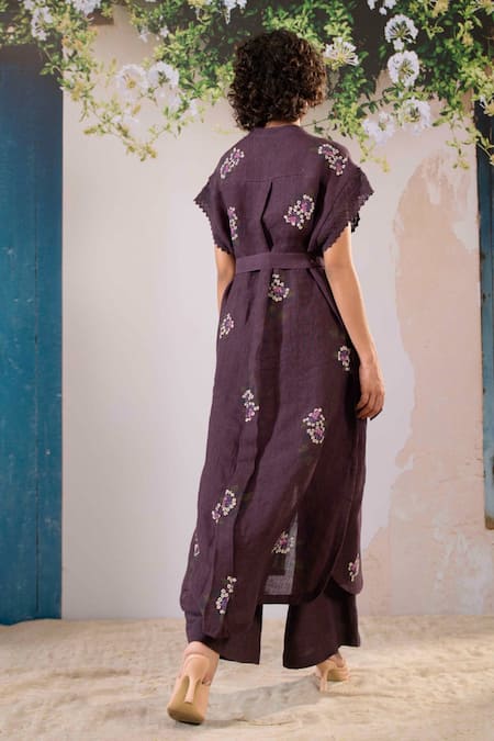 Shop Arcvsh By Pallavi Singh Purple Linen Embroidery Mandarin Collar Dahlia Print Long Top With Pant at Aza Fashions Shop_Arcvsh By Pallavi Singh_Purple Linen Embroidery Mandarin Collar Dahlia Print Long Top With Pant _at_Aza_Fashions