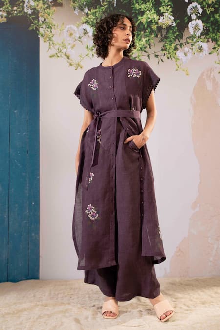 Arcvsh By Pallavi Singh Purple Linen Embroidery Mandarin Collar Dahlia Print Long Top With Pant Online at Aza Fashions Arcvsh By Pallavi Singh_Purple Linen Embroidery Mandarin Collar Dahlia Print Long Top With Pant _Online_at_Aza_Fashions