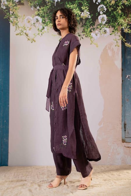 Shop Arcvsh By Pallavi Singh Purple Linen Embroidery Mandarin Collar Dahlia Print Long Top With Pant Online at Aza Fashions Shop_Arcvsh By Pallavi Singh_Purple Linen Embroidery Mandarin Collar Dahlia Print Long Top With Pant _Online_at_Aza_Fashions