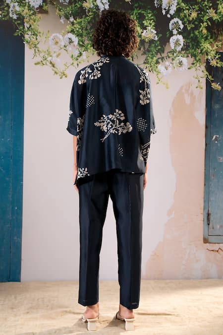 Shop Arcvsh By Pallavi Singh Blue Silk, Chanderi Embroidery Collared Floral Print Kaftan Top With Pant at Aza Fashions Shop_Arcvsh By Pallavi Singh_Blue Silk, Chanderi Embroidery Collared Floral Print Kaftan Top With Pant _at_Aza_Fashions
