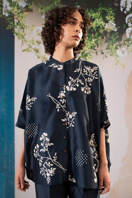 Arcvsh By Pallavi Singh Blue Silk, Chanderi Embroidery Collared Floral Print Kaftan Top With Pant Online at Aza Fashions Arcvsh By Pallavi Singh_Blue Silk, Chanderi Embroidery Collared Floral Print Kaftan Top With Pant _Online_at_Aza_Fashions
