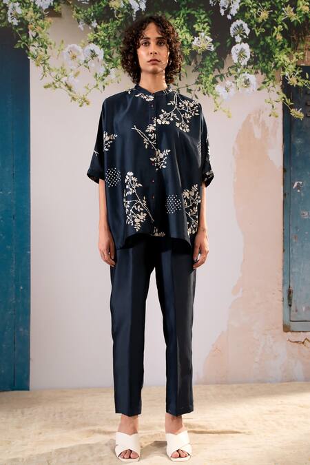 Buy Arcvsh By Pallavi Singh Blue Silk, Chanderi Embroidery Collared Floral Print Kaftan Top With Pant Online at Aza Fashions Buy_Arcvsh By Pallavi Singh_Blue Silk, Chanderi Embroidery Collared Floral Print Kaftan Top With Pant _Online_at_Aza_Fashions