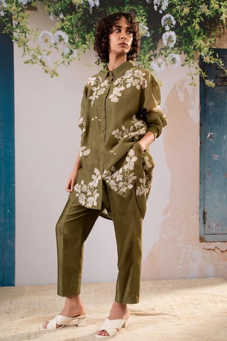 Arcvsh By Pallavi Singh Green Cotton, Silk, Chanderi Floral Blossom Print Oversize Shirt With Pant 