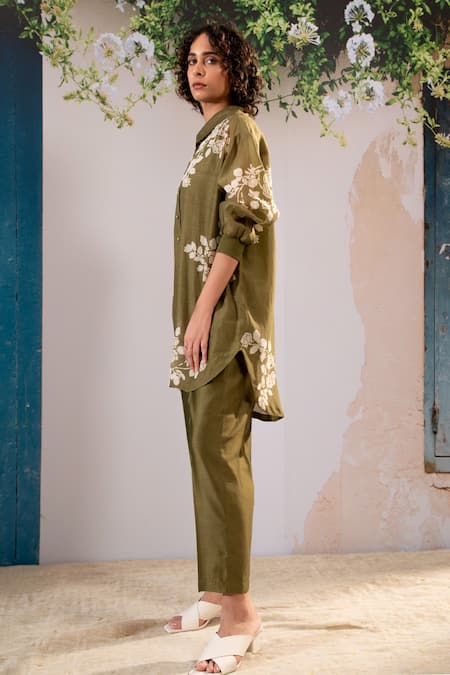 Shop Arcvsh By Pallavi Singh Green Cotton, Silk, Chanderi Floral Blossom Print Oversize Shirt With Pant Online at Aza Fashions Shop_Arcvsh By Pallavi Singh_Green Cotton, Silk, Chanderi Floral Blossom Print Oversize Shirt With Pant _Online_at_Aza_Fashions