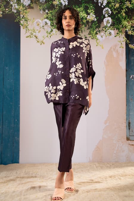 Arcvsh By Pallavi Singh Purple Silk Embroidery Mandarin Collar Blossom Print Kaftan Top With Pant 