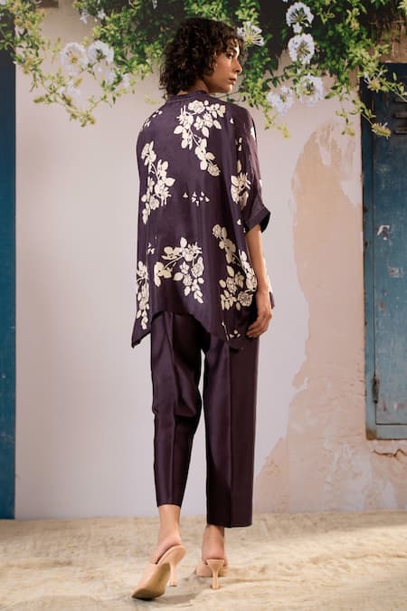 Shop Arcvsh By Pallavi Singh Purple Silk Embroidery Mandarin Collar Blossom Print Kaftan Top With Pant at Aza Fashions Shop_Arcvsh By Pallavi Singh_Purple Silk Embroidery Mandarin Collar Blossom Print Kaftan Top With Pant _at_Aza_Fashions