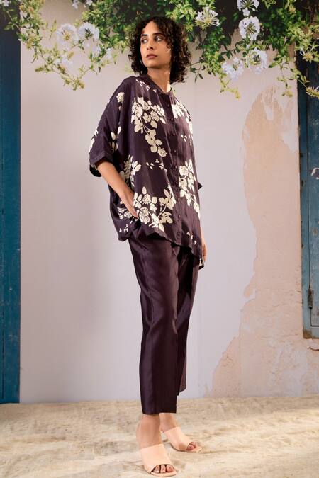 Arcvsh By Pallavi Singh Purple Silk Embroidery Mandarin Collar Blossom Print Kaftan Top With Pant Online at Aza Fashions Arcvsh By Pallavi Singh_Purple Silk Embroidery Mandarin Collar Blossom Print Kaftan Top With Pant _Online_at_Aza_Fashions
