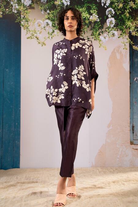 Buy Arcvsh By Pallavi Singh Purple Silk Embroidery Mandarin Collar Blossom Print Kaftan Top With Pant Online at Aza Fashions Buy_Arcvsh By Pallavi Singh_Purple Silk Embroidery Mandarin Collar Blossom Print Kaftan Top With Pant _Online_at_Aza_Fashions