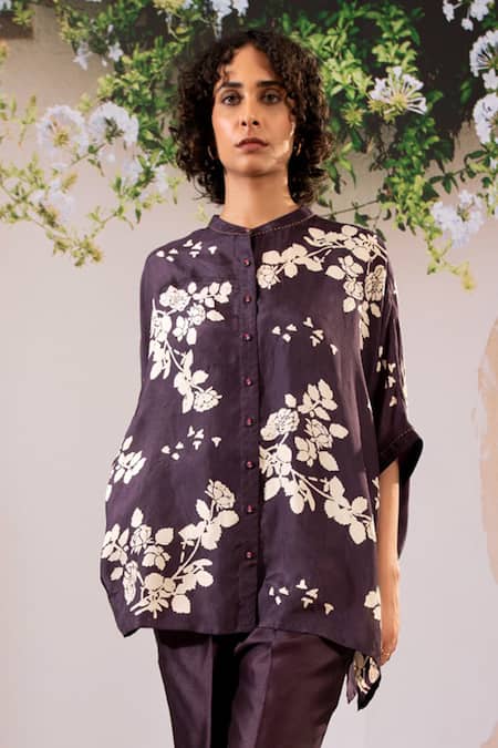 Arcvsh By Pallavi Singh Purple Silk Embroidery Mandarin Collar Blossom Print Kaftan Top With Pant at Aza Fashions Arcvsh By Pallavi Singh_Purple Silk Embroidery Mandarin Collar Blossom Print Kaftan Top With Pant _at_Aza_Fashions