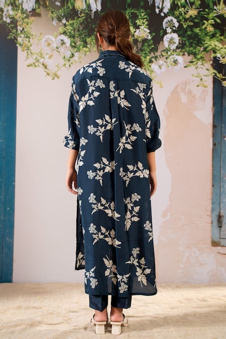 Shop Arcvsh By Pallavi Singh Blue Silk Embroidery Shawl Neck Floral Sprig Long Shirt Top With Pant at Aza Fashions Shop_Arcvsh By Pallavi Singh_Blue Silk Embroidery Shawl Neck Floral Sprig Long Shirt Top With Pant _at_Aza_Fashions