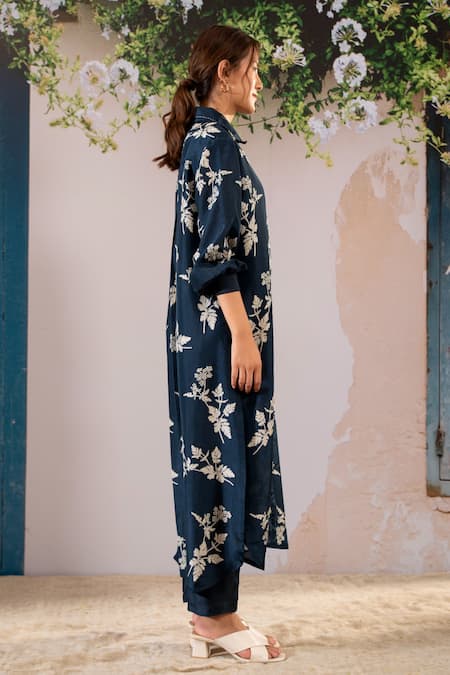 Buy Arcvsh By Pallavi Singh Blue Silk Embroidery Shawl Neck Floral Sprig Long Shirt Top With Pant Online at Aza Fashions Buy_Arcvsh By Pallavi Singh_Blue Silk Embroidery Shawl Neck Floral Sprig Long Shirt Top With Pant _Online_at_Aza_Fashions
