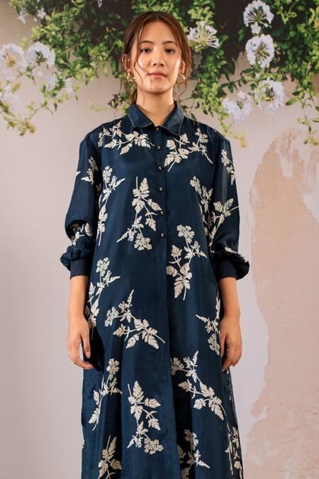 Shop Arcvsh By Pallavi Singh Blue Silk Embroidery Shawl Neck Floral Sprig Long Shirt Top With Pant Online at Aza Fashions Shop_Arcvsh By Pallavi Singh_Blue Silk Embroidery Shawl Neck Floral Sprig Long Shirt Top With Pant _Online_at_Aza_Fashions