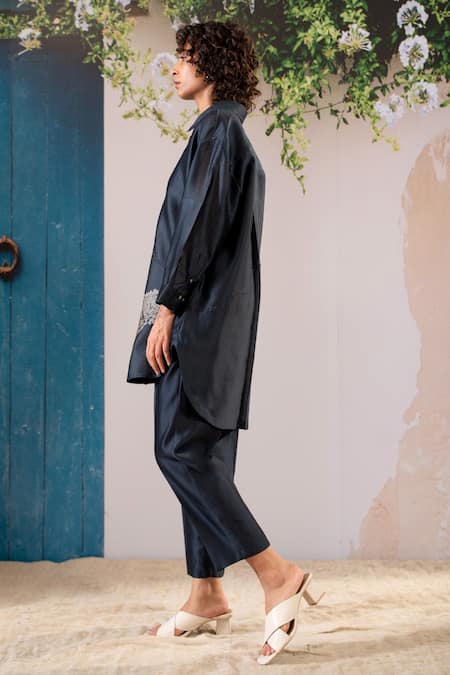Arcvsh By Pallavi Singh Blue Silk, Chanderi Embroidery Collared Blossom Print Oversize Shirt With Pant Online at Aza Fashions Arcvsh By Pallavi Singh_Blue Silk, Chanderi Embroidery Collared Blossom Print Oversize Shirt With Pant _Online_at_Aza_Fashions