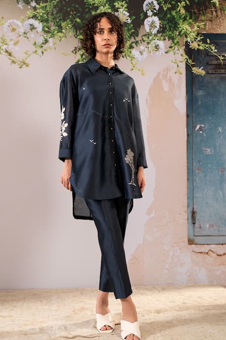 Arcvsh by Pallavi Singh Silk Chanderi Blossom Print Oversize Shirt With Pant 