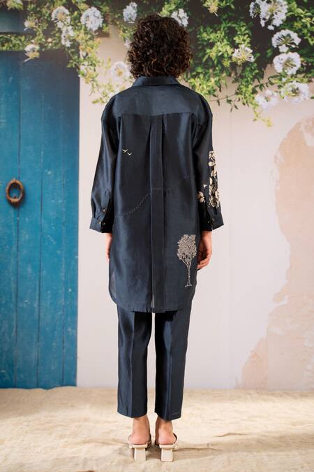 Shop Arcvsh By Pallavi Singh Blue Silk, Chanderi Embroidery Collared Blossom Print Oversize Shirt With Pant at Aza Fashions Shop_Arcvsh By Pallavi Singh_Blue Silk, Chanderi Embroidery Collared Blossom Print Oversize Shirt With Pant _at_Aza_Fashions