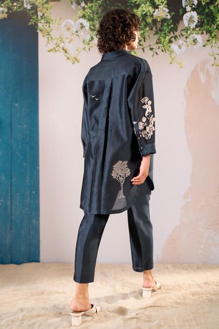 Buy Arcvsh By Pallavi Singh Blue Silk, Chanderi Embroidery Collared Blossom Print Oversize Shirt With Pant Online at Aza Fashions Buy_Arcvsh By Pallavi Singh_Blue Silk, Chanderi Embroidery Collared Blossom Print Oversize Shirt With Pant _Online_at_Aza_Fashions