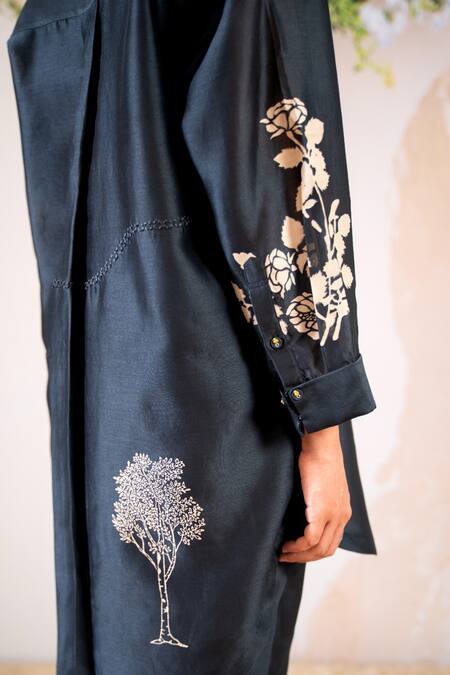 Shop Arcvsh By Pallavi Singh Blue Silk, Chanderi Embroidery Collared Blossom Print Oversize Shirt With Pant Online at Aza Fashions Shop_Arcvsh By Pallavi Singh_Blue Silk, Chanderi Embroidery Collared Blossom Print Oversize Shirt With Pant _Online_at_Aza_Fashions